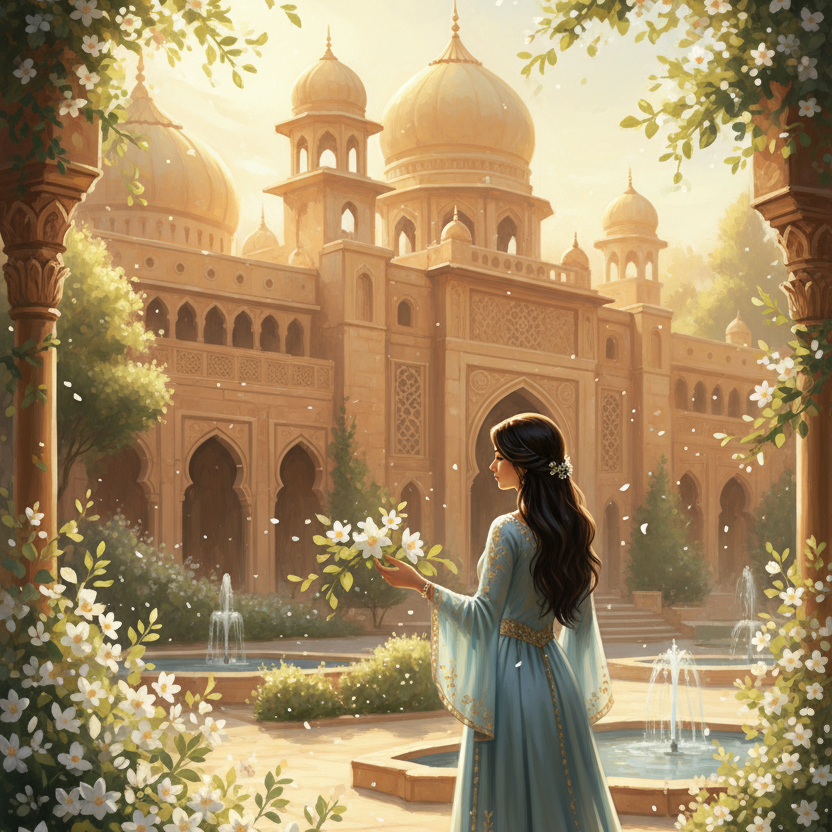 A princess in a flowing light blue gown with gold embroidery stands in a sunlit courtyard, holding white flowers in front of a grand domed palace. The scene is framed by green foliage and white blossoms, with warm golden light and soft misty atmosphere.