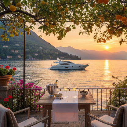 A luxurious outdoor terrace overlooking a serene lake at sunset, with a table set for two, potted red flowers, and a white yacht on the water. Lush trees with hanging orange fruits frame the top of the scene.