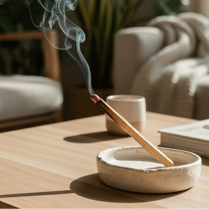 A lit palo santo stick with curling smoke sits in a ceramic incense holder on a light wood table, with a mug and books nearby and a softly blurred living room background featuring plants and a sofa.