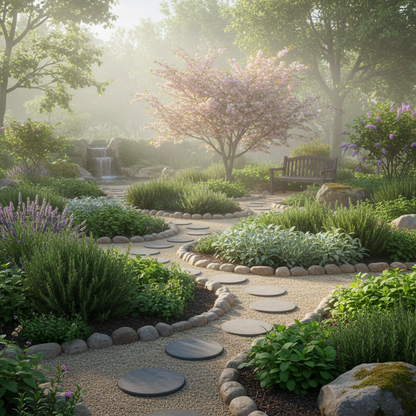 A serene landscaped garden scene with a winding stone path made of round stepping stones, bordered by neatly arranged green shrubs and grasses. A pink flowering tree stands in the background near a small waterfall and a wooden bench, all surrounded by soft mist and sunlight filtering through the trees.