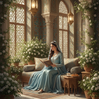 A woman in a flowing light blue gown sits on a cushioned bench in an ornate, sunlit room with arched windows, hanging lanterns, and potted white flowers. She is reading a book, with a small table beside her holding a cup and pastries.