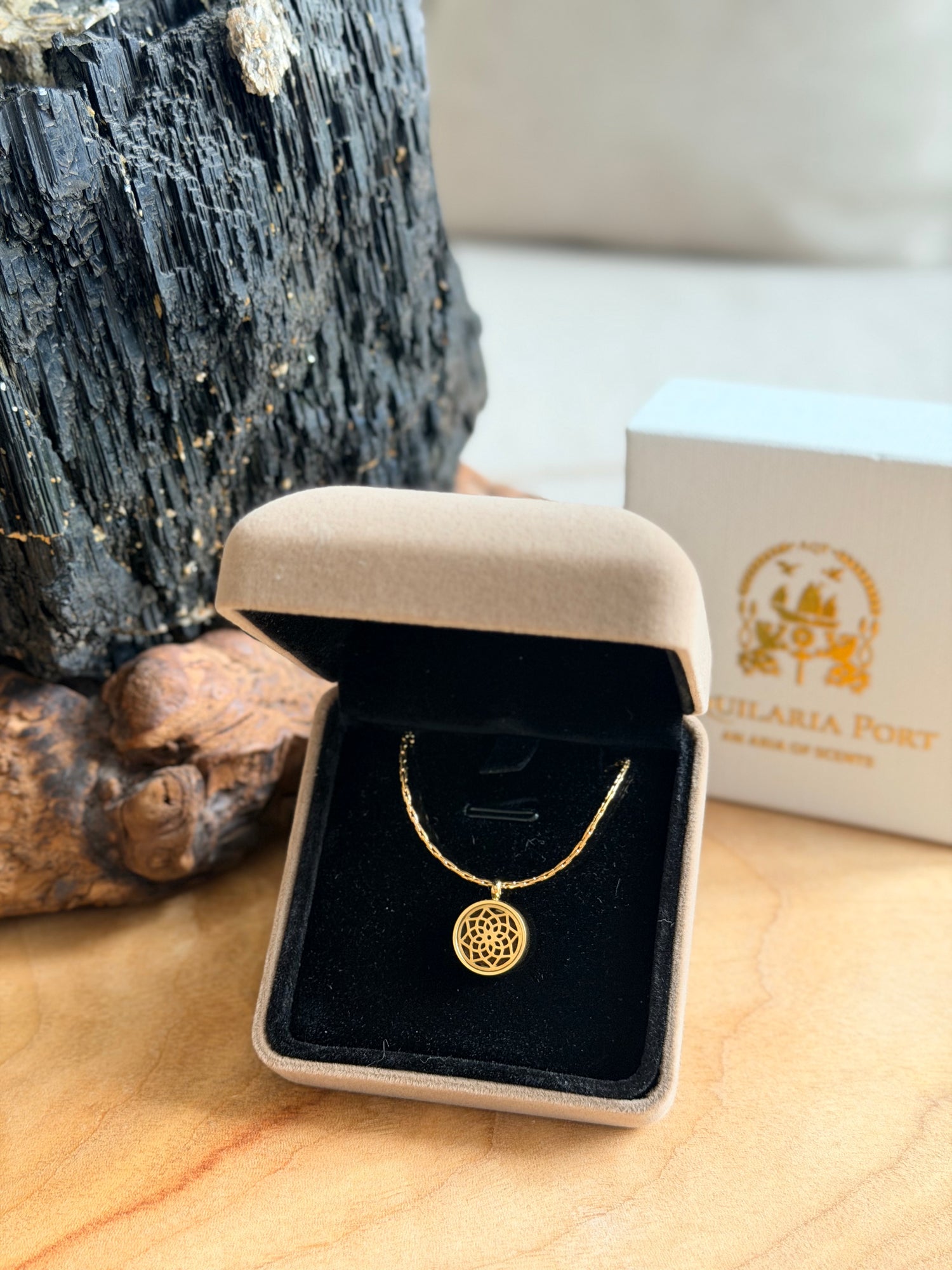 Gold necklace in a jewelry box with a brand logo in the background
