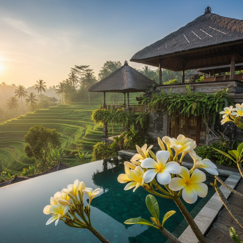 A scenic resort landscape at sunrise with terraced green rice fields, a thatched-roof villa, infinity pool, and white-and-yellow plumeria flowers in the foreground.