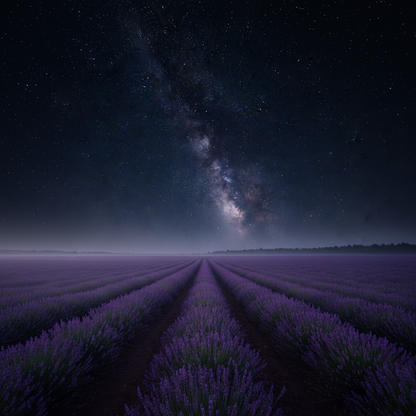A scenic night photograph of a lavender field under a star-filled sky and the Milky Way galaxy, with rows of purple lavender stretching toward the horizon.