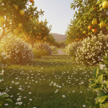 A green garden covered with chamomiles with citrus trees and jasmine bushes.