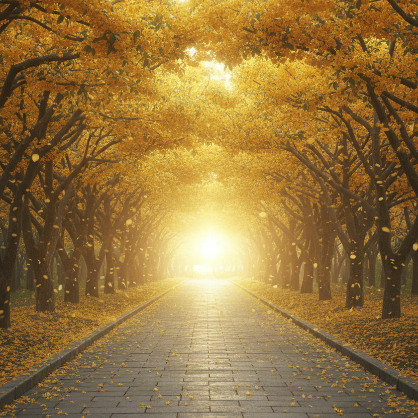 A sunlit stone path running through a tunnel of golden autumn trees, with bright sunlight streaming through the canopy and fallen leaves scattered across the ground.