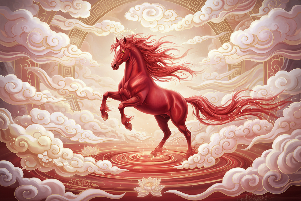 A magical and elegant crimson horse with Chinese clouds 