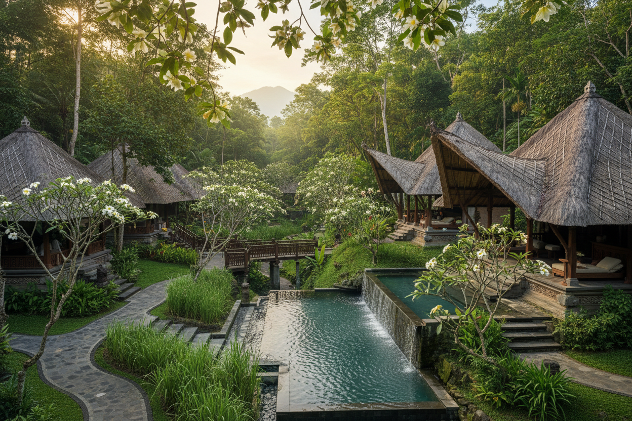 Create an image with Bali resorts in the forest with champaca flowers, lemon grass and frangipani trees