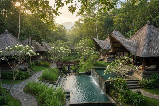 Create an image with Bali resorts in the forest with champaca flowers, lemon grass and frangipani trees