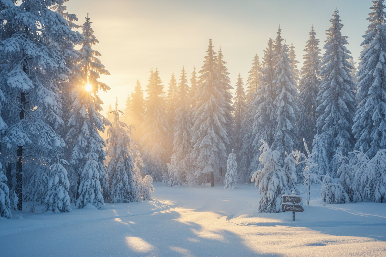 forest of pine trees in winter with early morning light during Christmas