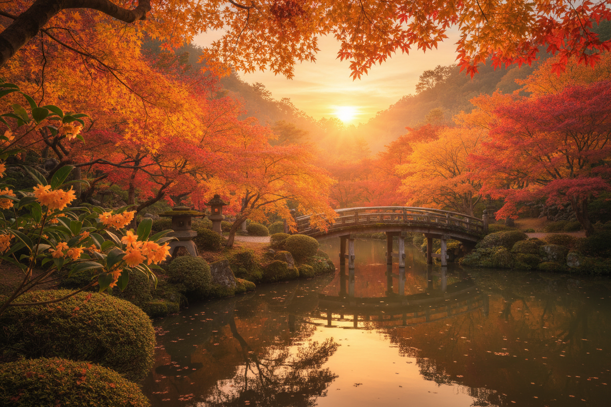 Japan's autumn during sunset with golden hues from maple leave trees and osmanthus flowers. 