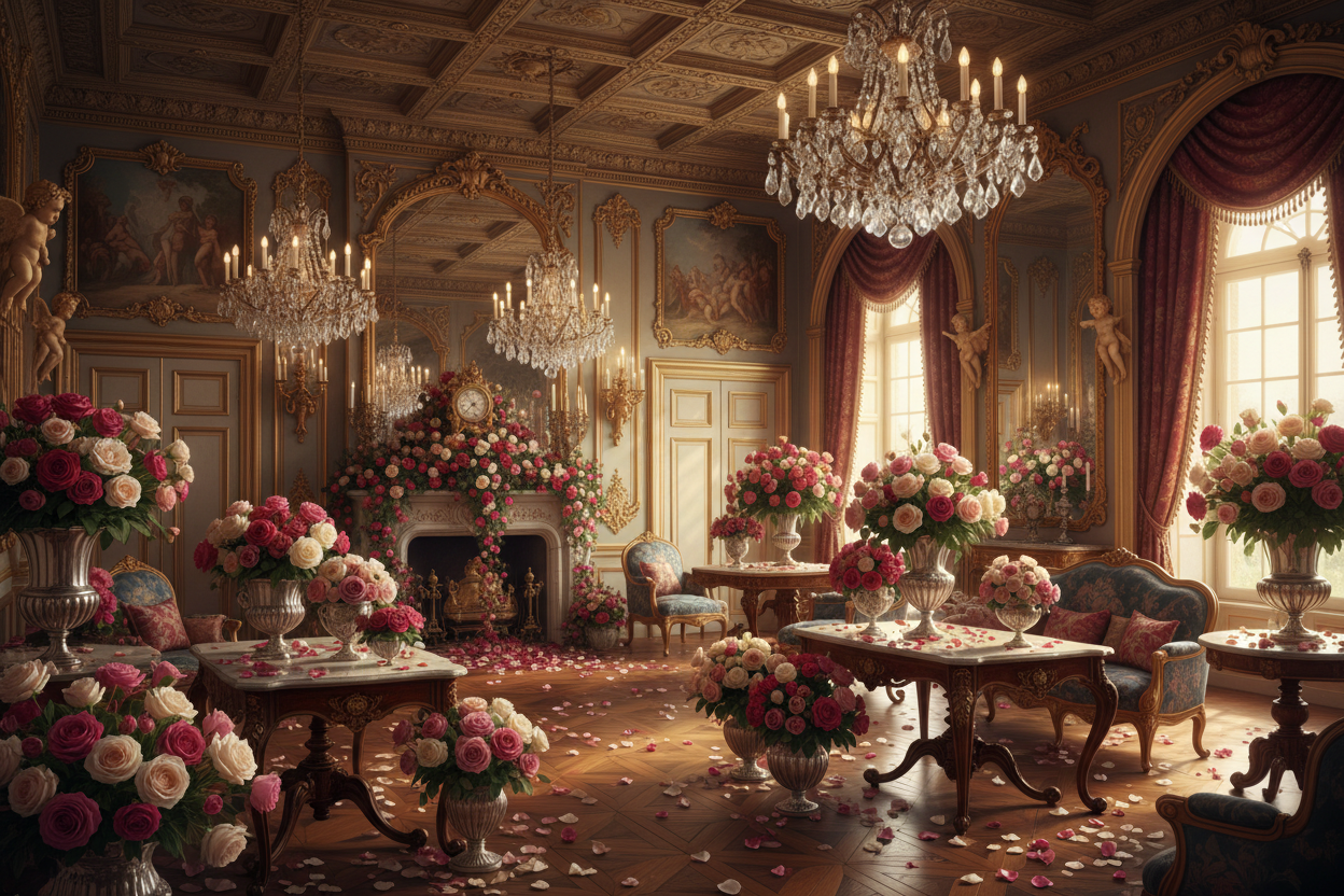 The queen's drawing room filled with roses